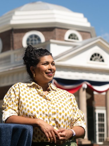 Chef Aarti Sequeira poses in front of the western facade of Monticello