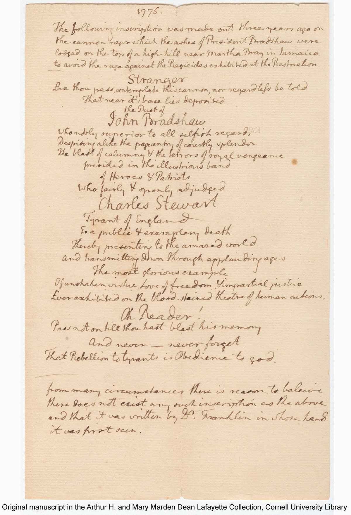 Thomas Jefferson's Transcription of 'Bradshaw's Epitaph'