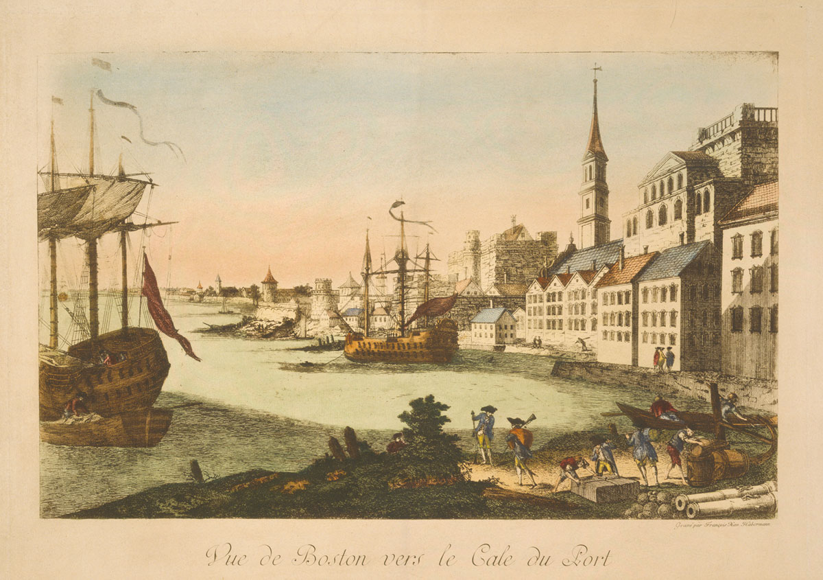 Idealized view of Boston Harbor with two ships at anchor