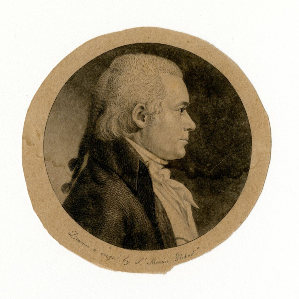 Caesar Rodney shown in bust-length proper right profile. Subject in black coat with high collar, lapel and two buttons, a jabot and neck stock. Hair in queue and hanging to shoulders. Image in form of circular medallion. At bottom, inscribed Drawn & enged by S.t Memin Philada