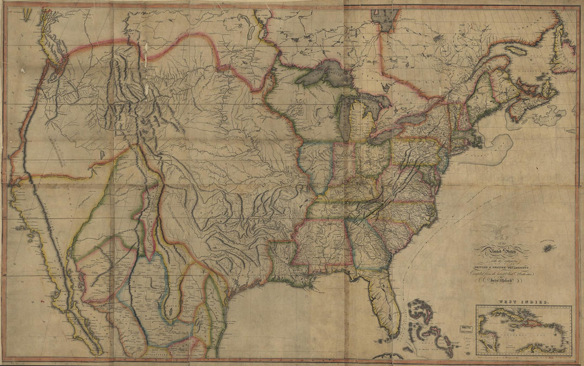 Map of the United States in 1816 with Louisiana and Wisconsin the western-most of the modern states depicted with defined borders