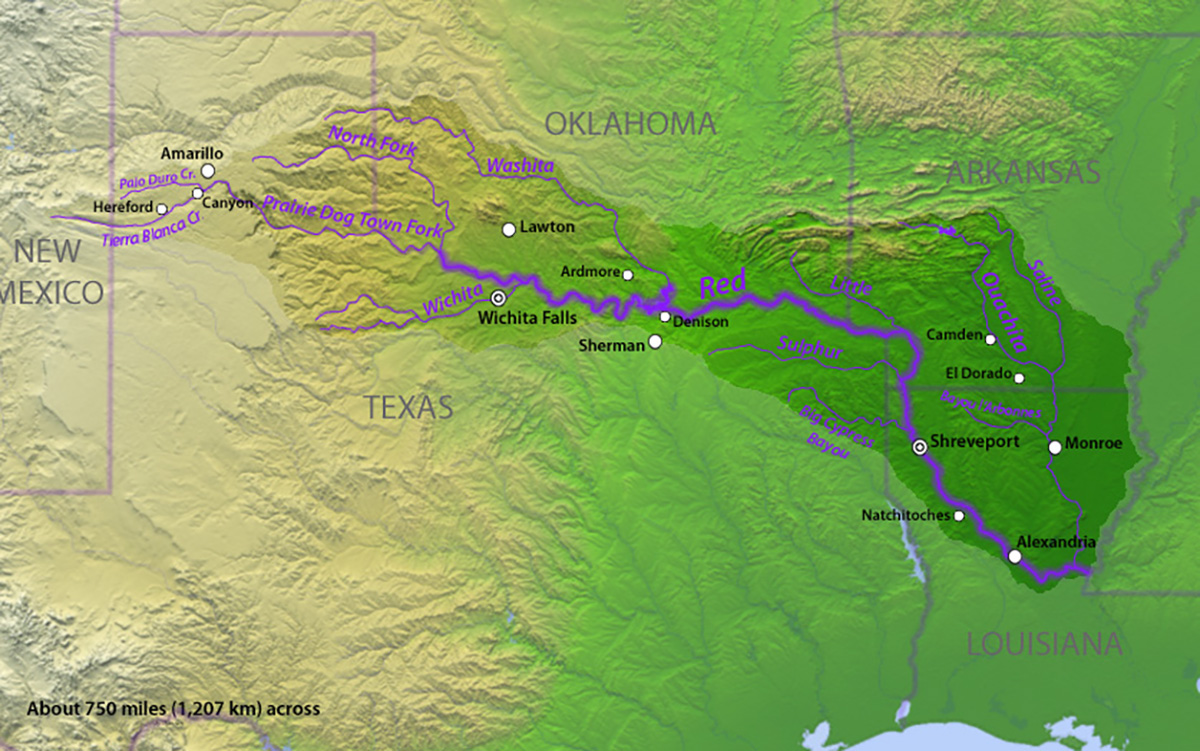 Modern-day map of the course of the Red River along Texas and into Louisiana