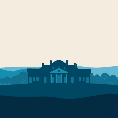 Logo for Climb the Mountain, featuring a blue-toned Monticello on top of stylized mountains