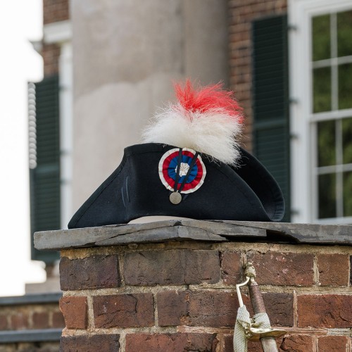 Blue French 18th-century military hat with a feature and cockade