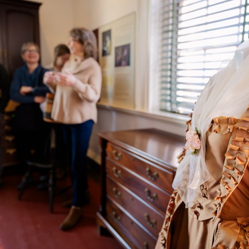 Guide discusses the life of Martha Wayles Skelton Jefferson in the South Pavilion during a Women at Monticello Tour