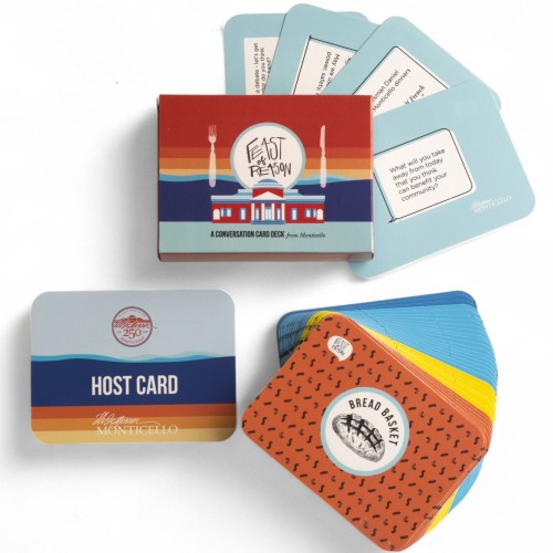 Display of both sides of cards from the Feast of Reason family conversation game.