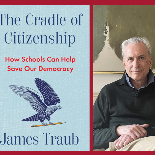 The Cradle of Citizenship book cover next to a headshot of the author, James Traub