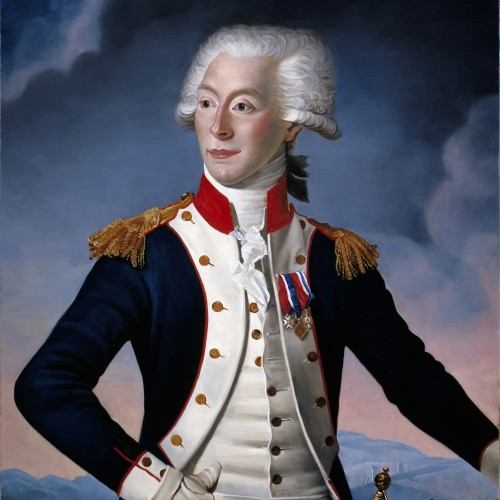 Lafayett in a dark blue Revolutionary War uniform with white lapels, red neck cuff, and gold epaulets over a white waistcoat