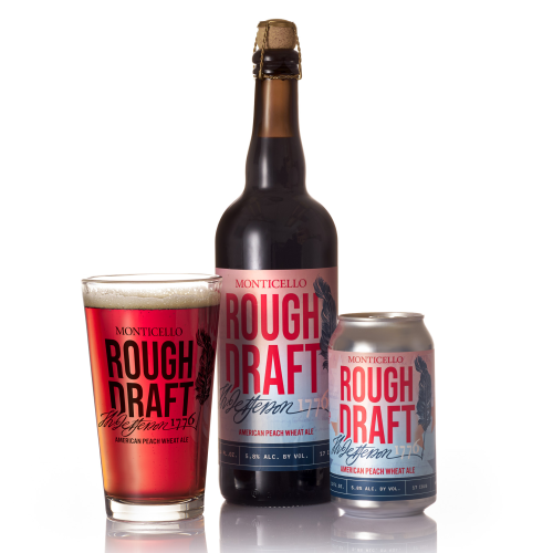 Monticello's Rough Draft American peach wheat ale, brewed with Monticello peaches and in partnership with Blue Mountain Brewery