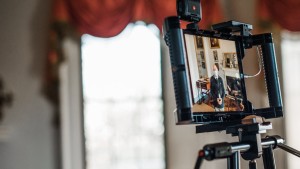 View of video camera preview screen during filming in the Monticello Parlor