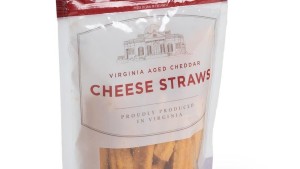 Cheese straws in a red-and-white, 4-ounce package with an image of Monticello on it and the words "Virginia Aged Cheddar / Cheese Straws /  Proudly Produced in Virginia
