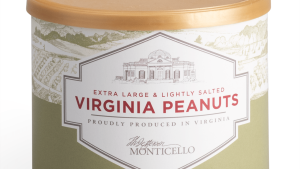 A can with an image of Monticello and the words "Extra Large and Slightly Salted / Virginia Peanuts / Produced Proudly in Virginia"