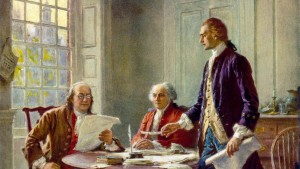 Painting of Thomas Jefferson, John Adams, and Benjamin Franklin drafting the Declaration of Independence in June 1776