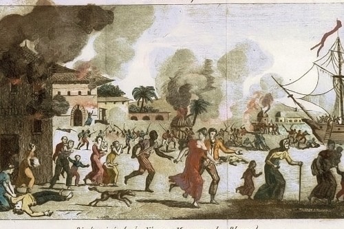 Engraving depicts fires and panic as people of European descent run toward ships during from the 1791 slave revolt in the Haitian port of Cap Haitien