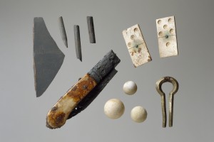 Artifacts excavated along Monticello's Mulberry Row, including dominoes and clay marbles