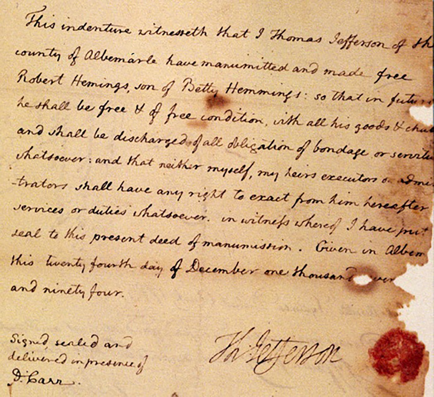 Deed of Manumission for Robert Hemings