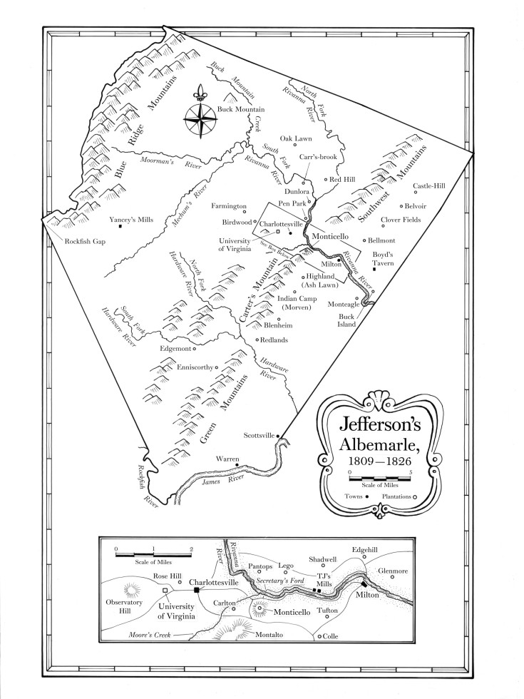Modern black-and-white map of Albemarle County depicting several river and mountain systems as well as the locations of several places important to Thomas Jefferson