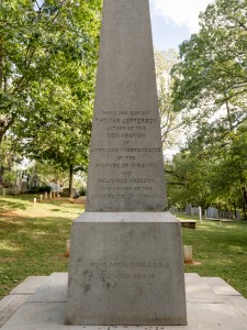 Jefferson's obelisk gravemarker with his birthday in the Old Style dates